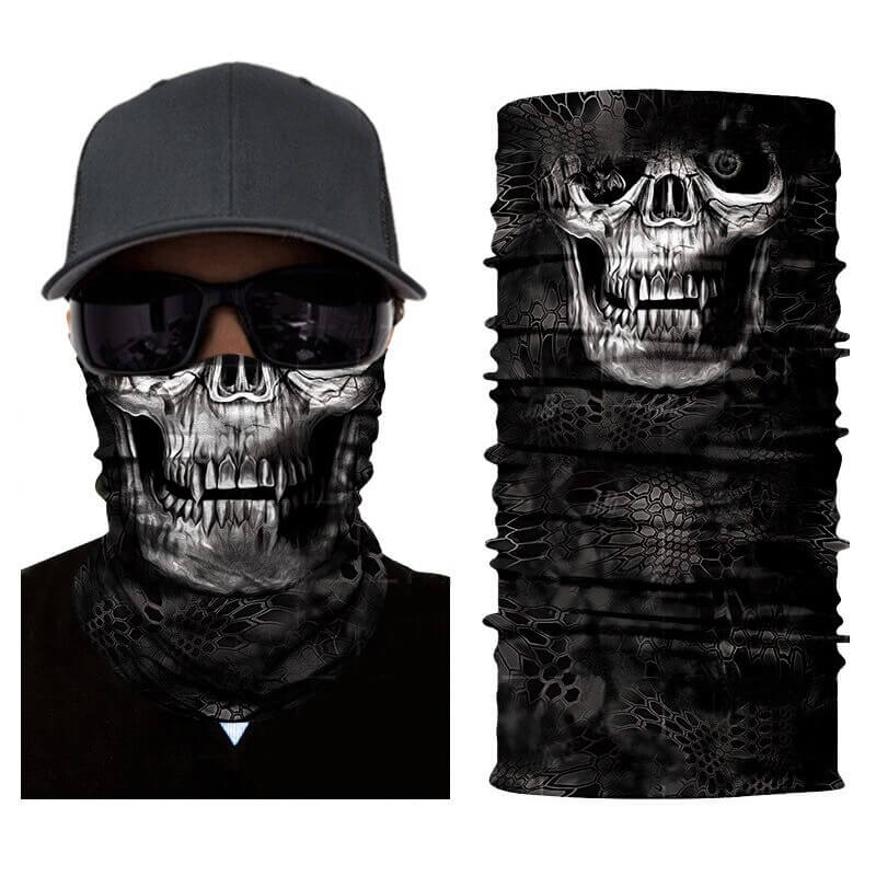 Skull print balaclava scarf worn by a person with a cap and sunglasses, showcasing alternative biker style accessories.