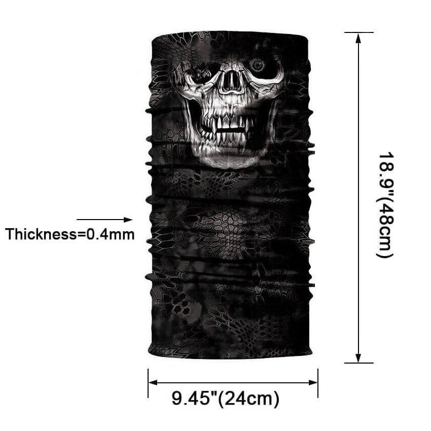 Magic Skull Balaclava Scarf, 18.9 inches long, 9.45 inches wide, ideal for neck protection and rocker style.