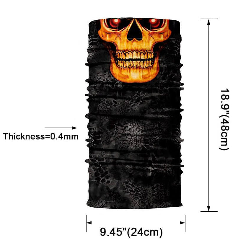 Colorful magic scarf-balaclava featuring a ghost skull design, breathable and perfect for bikers and alternative fashion lovers.