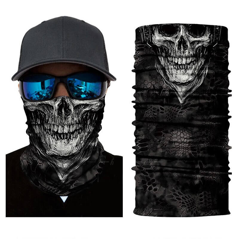 Magic Scarf-Balaclava with Ghost Skull design for bikers, breathable and windproof headwear for ultimate style.