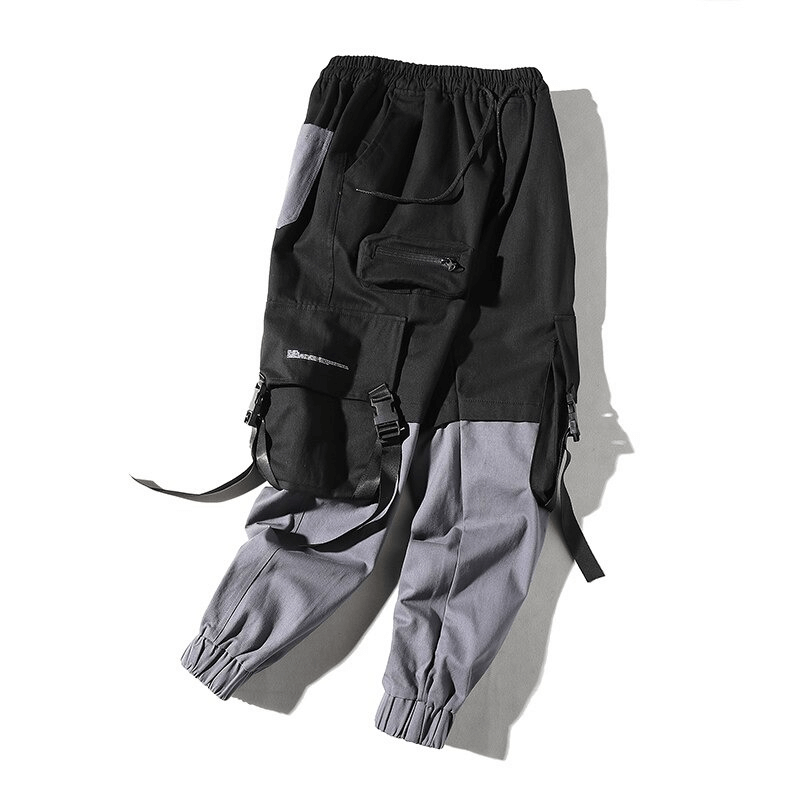 Male Black Elastic Waist Spliced Joggers / Casual Pockets Cargo Pants / Fashion Men's Clothing