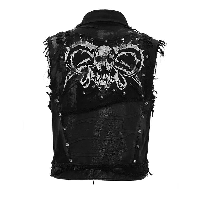 Male Black Head Turn Down Collar Waistcoat with Rivets & Printed Skull / Steampunk Men Clothing - HARD'N'HEAVY