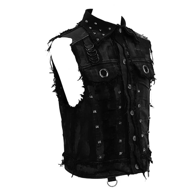 Male Black Head Turn Down Collar Waistcoat with Rivets & Printed Skull / Steampunk Men Clothing - HARD'N'HEAVY