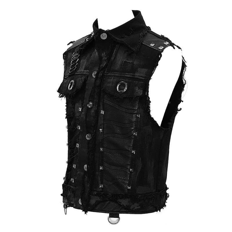 Male Black Head Turn Down Collar Waistcoat with Rivets & Printed Skull / Steampunk Men Clothing - HARD'N'HEAVY