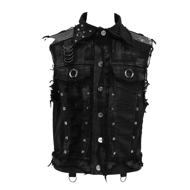 Stylish black steampunk waistcoat with rivets and distressed details, perfect for edgy fashion lovers.