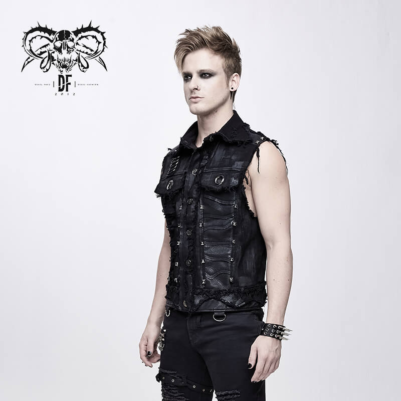 Stylish male model wearing a black steampunk waistcoat with rivets and skull design, perfect for modern fashion enthusiasts.