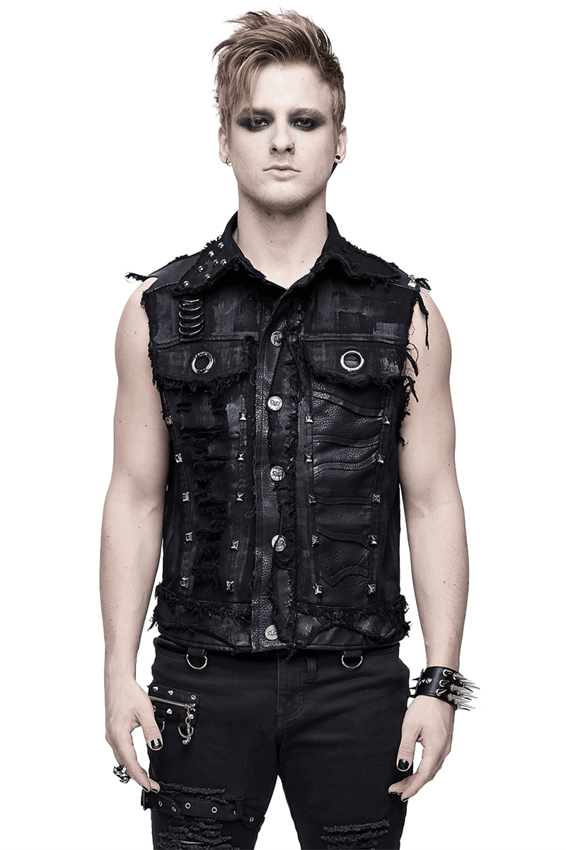 Male Black Head Turn Down Collar Waistcoat with Rivets & Printed Skull / Steampunk Men Clothing - HARD'N'HEAVY