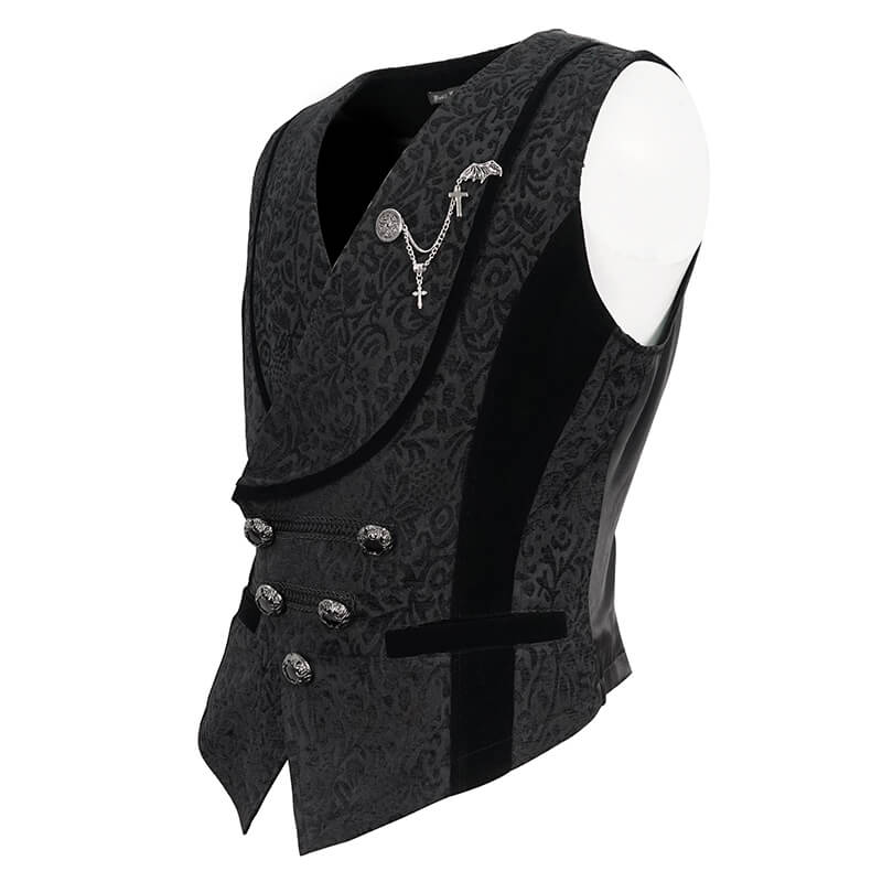 Men's black jacquard waistcoat with patterned buttons and a stylish belted back for a gothic look.