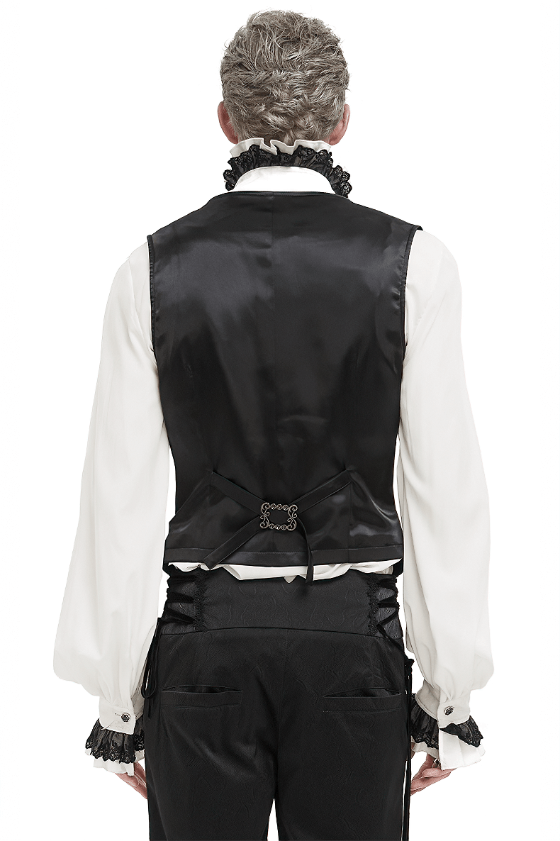 Back view of a stylish black jacquard waistcoat for men, featuring an adjustable belt and patterned metal buttons.