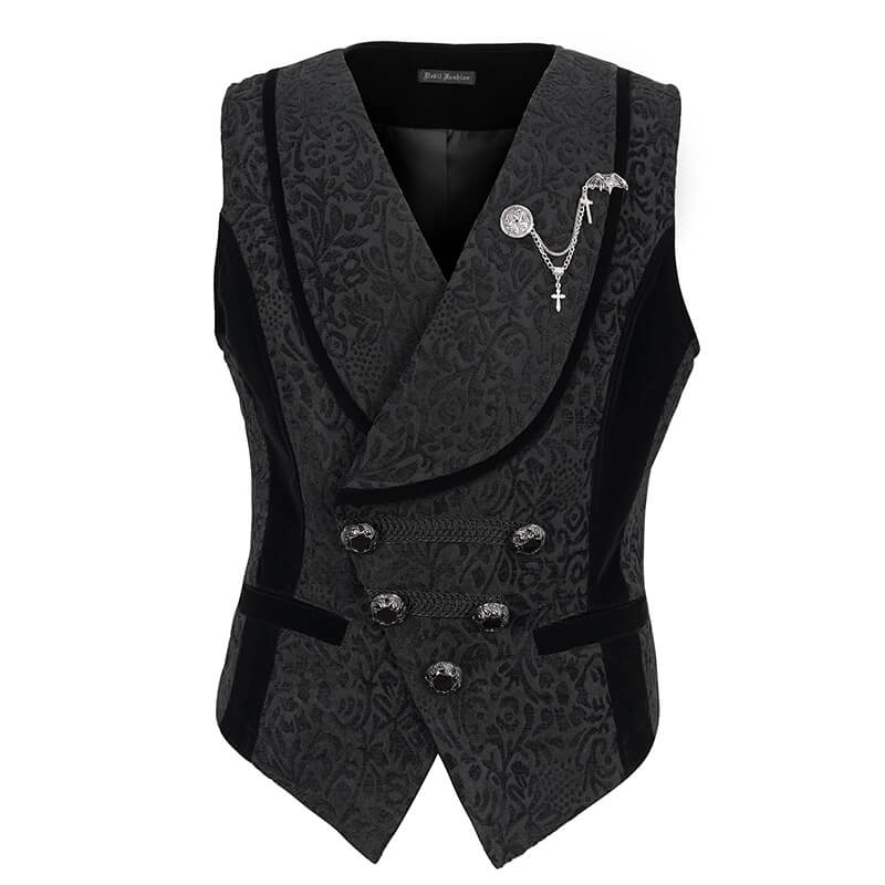 Men's black jacquard waistcoat with patterned metal buttons, gothic flair, and stylish belted back.