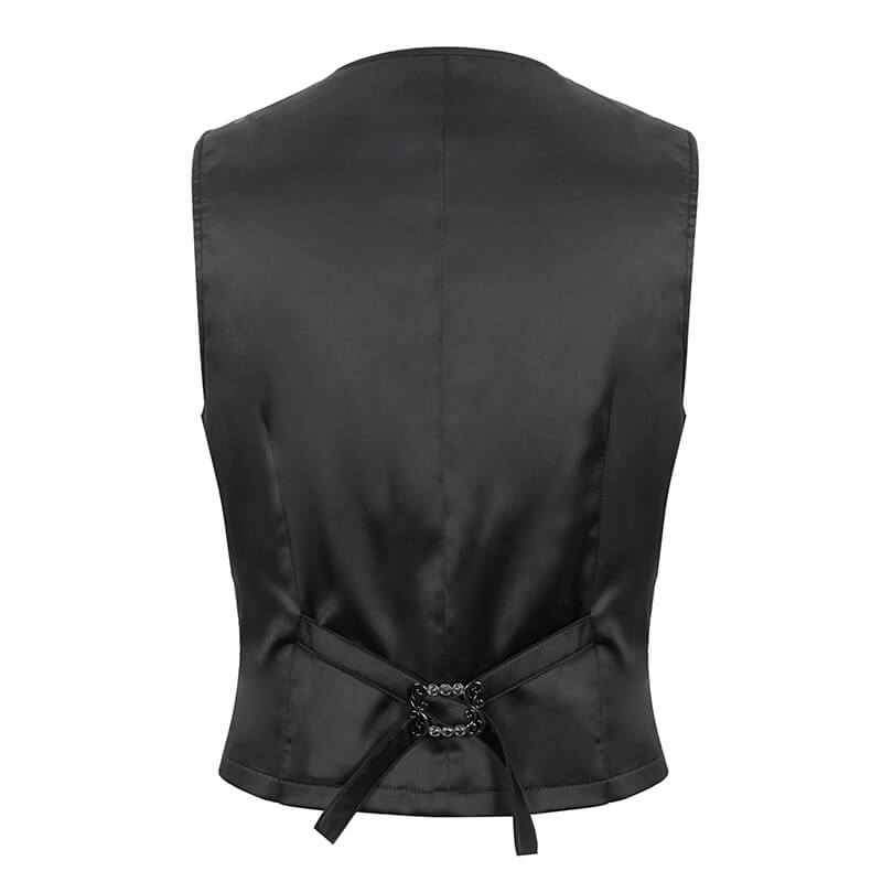 Back view of a black jacquard waistcoat showcasing a belted design with patterned metal detail.