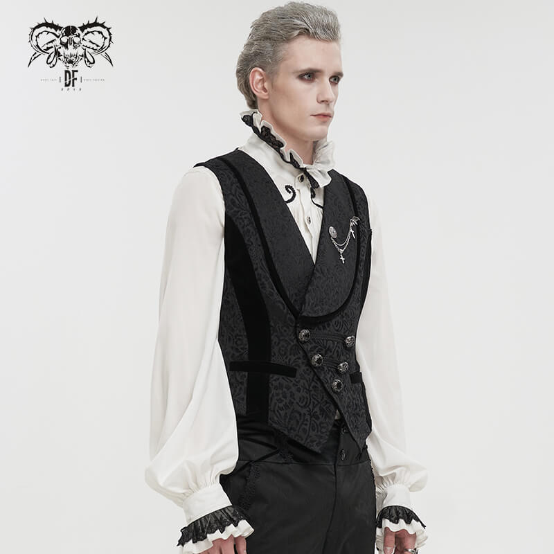Male Black Jacquard Waistcoat / Men's Waistcoats with Patterned Metal Buttons and Belt on Back