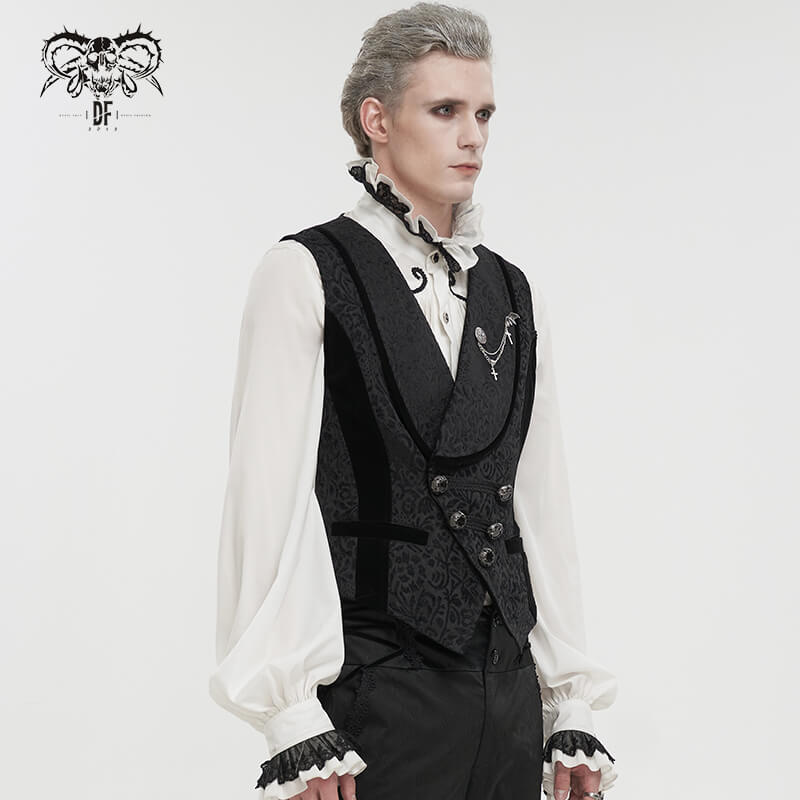 Male gothic style black jacquard waistcoat with patterned buttons and belted back, perfect for trendy outfits.
