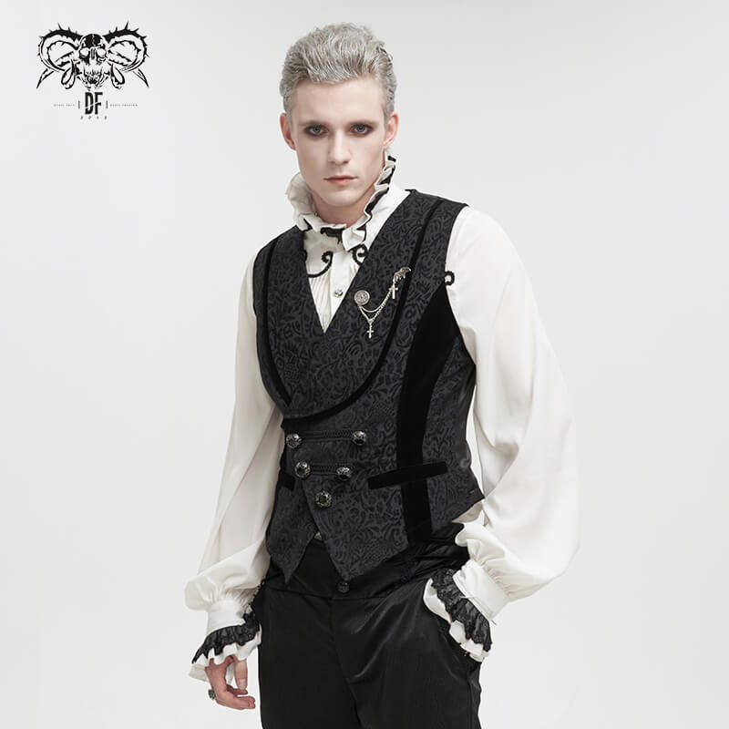 Men's Gothic black jacquard waistcoat with patterned metal buttons and stylish belt, perfect for a bold fashion statement.