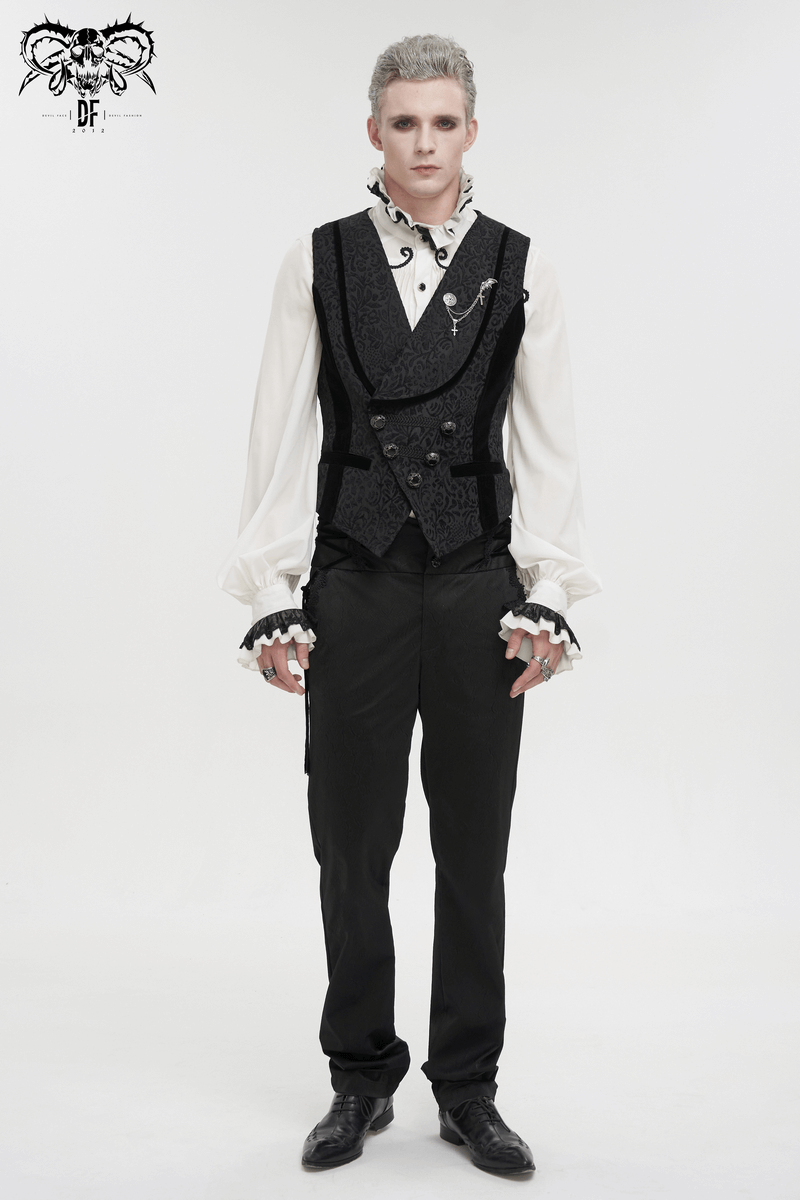 Gothic style male model wearing a black jacquard waistcoat with patterned metal buttons and a stylish belt on the back.