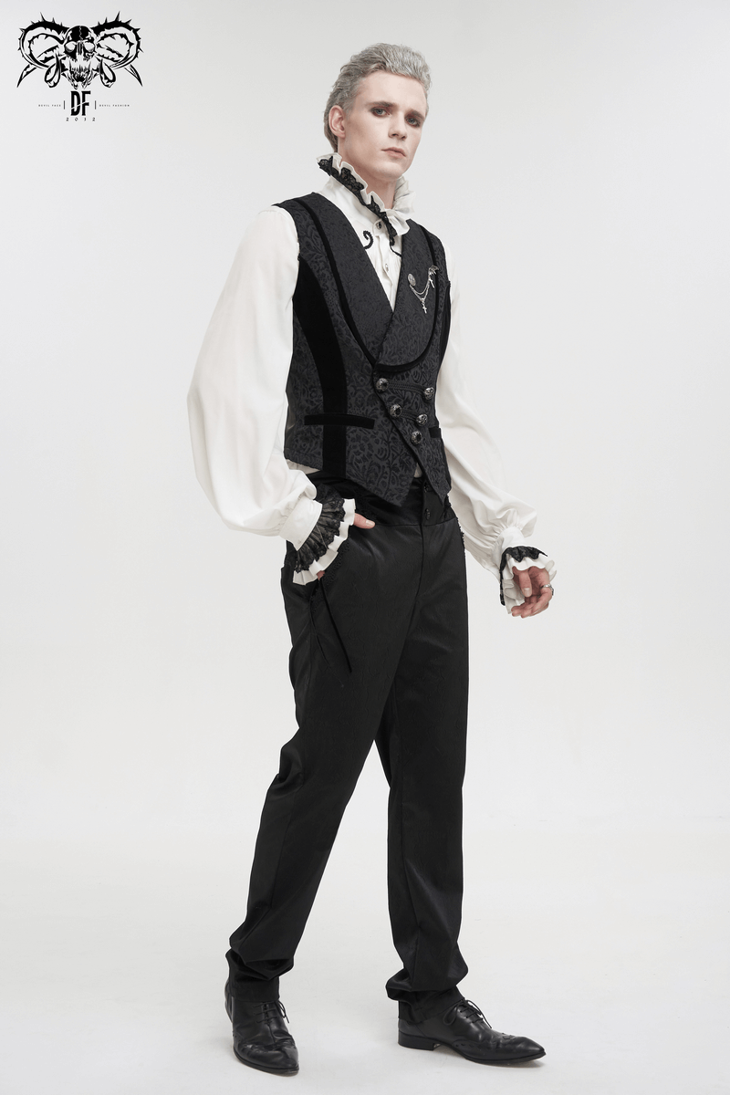 Male Black Jacquard Waistcoat / Men's Waistcoats with Patterned Metal Buttons and Belt on Back
