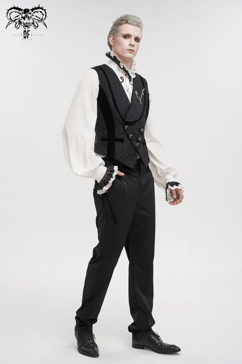 Stylish male model in a black jacquard waistcoat with patterned buttons, embodying gothic fashion.