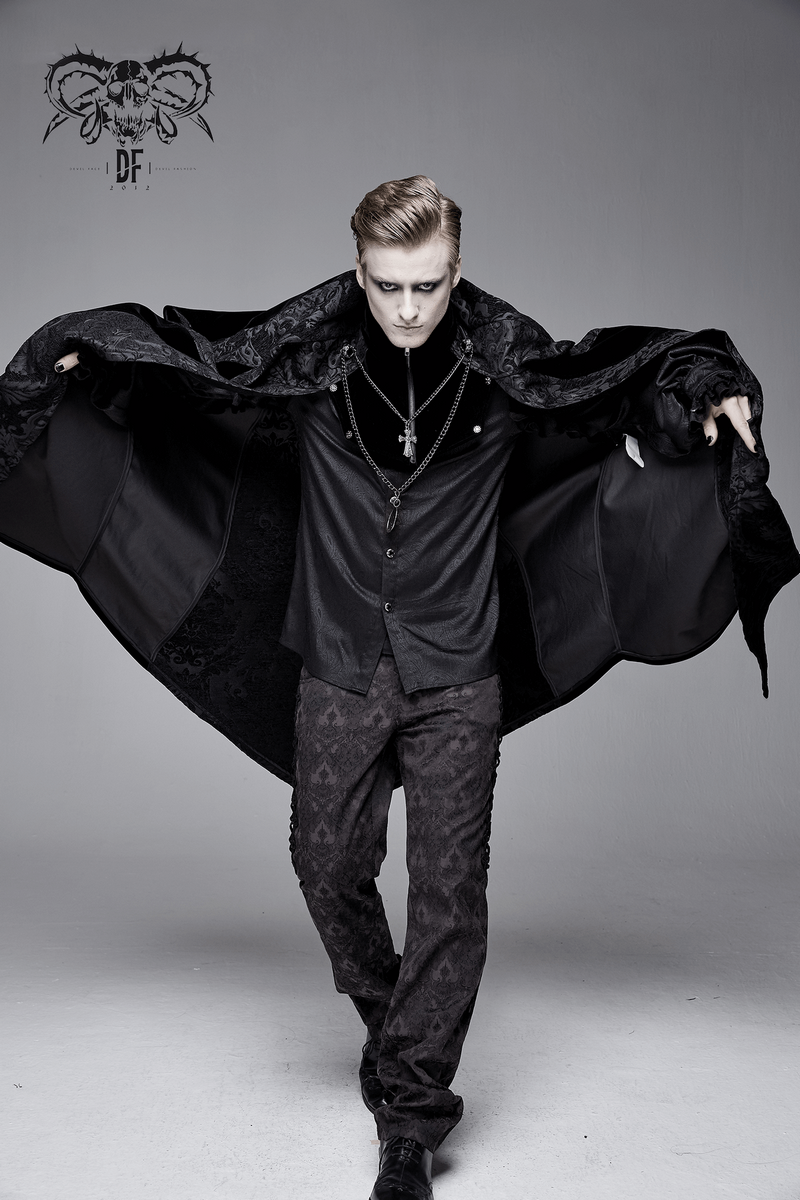 Male Black Long Cloak with Stand-Up Collar / Men's Cloak With Removable Cross & Medallion Necklace - HARD'N'HEAVY