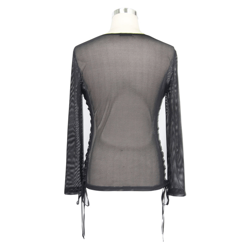 Male Black Mesh Long Sleeves top / Gothic Men's Transparent Tops With Lace-up On The Sides - HARD'N'HEAVY