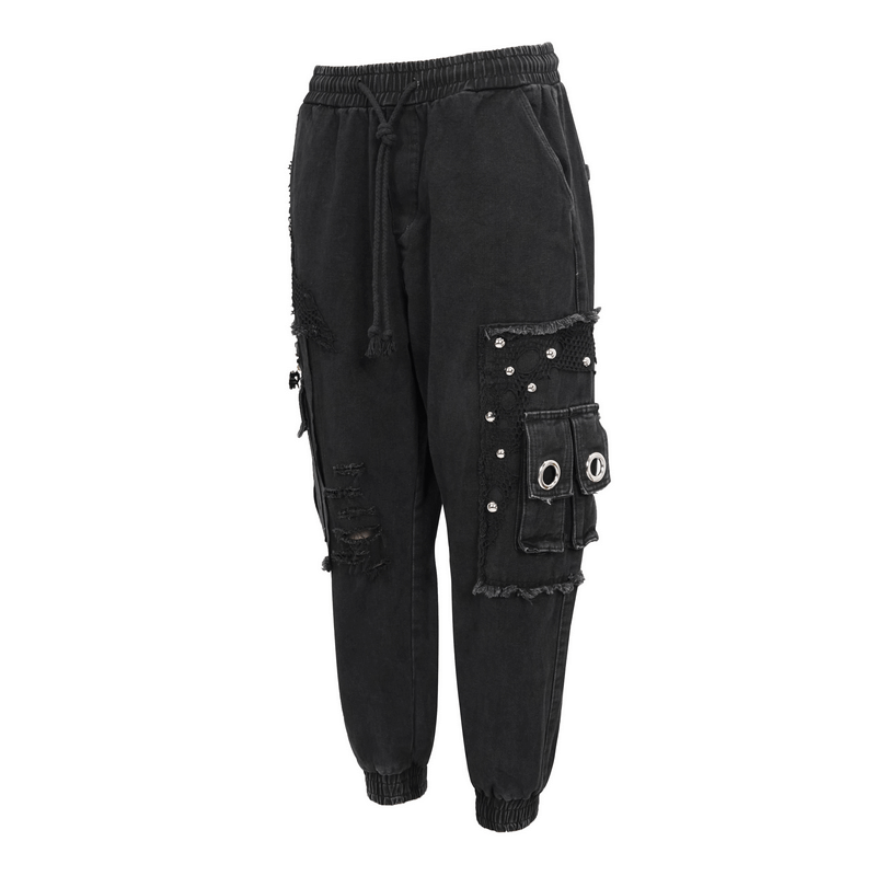 Male Black Wide Cargo Pants with Studs / Gothic Punk Elastic Waist Pants with Big Pockets