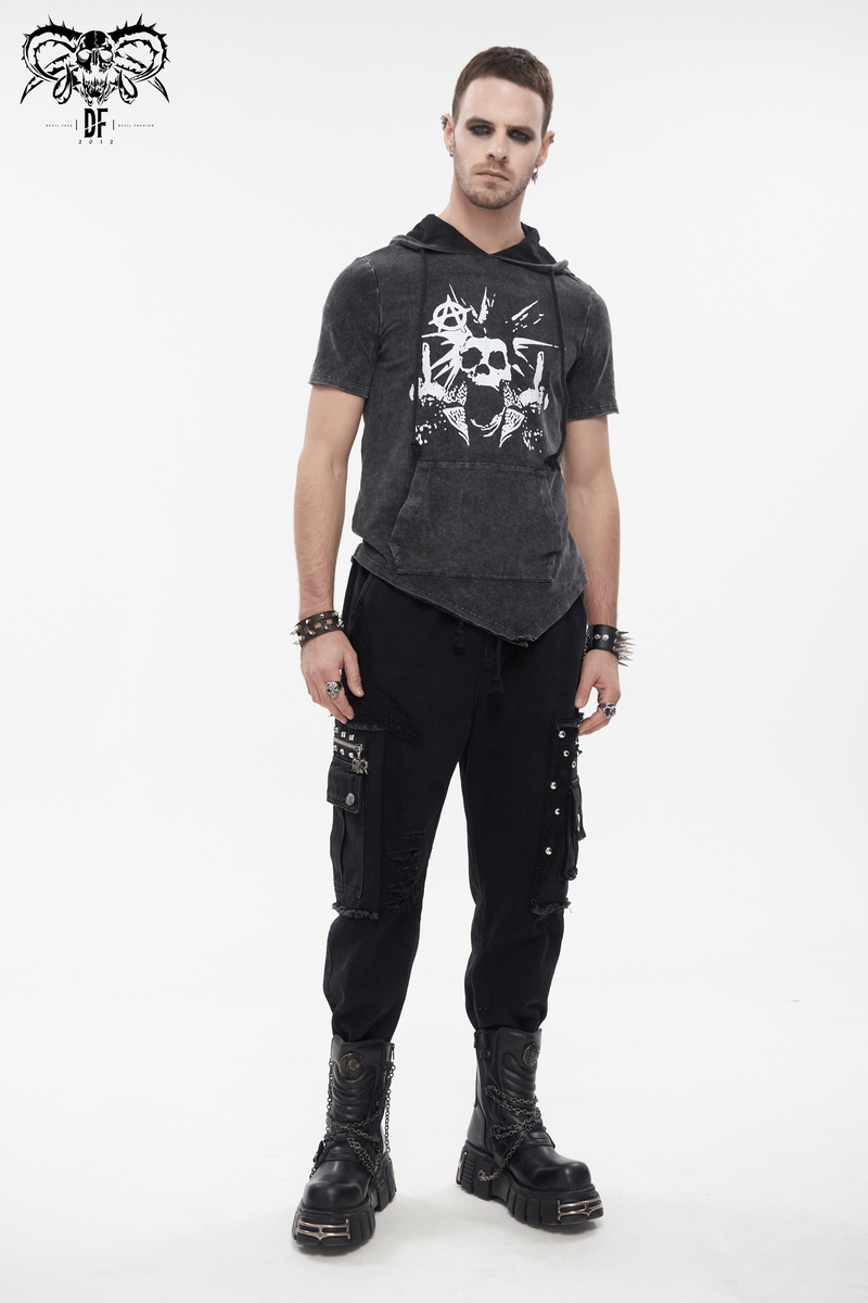 Male Black Wide Cargo Pants with Studs / Gothic Punk Elastic Waist Pants with Big Pockets