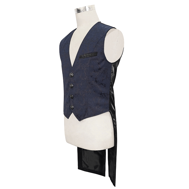 Elegant blue and black gothic tailed waistcoat with engraved buckle on the back, perfect for stylish men's outfits.