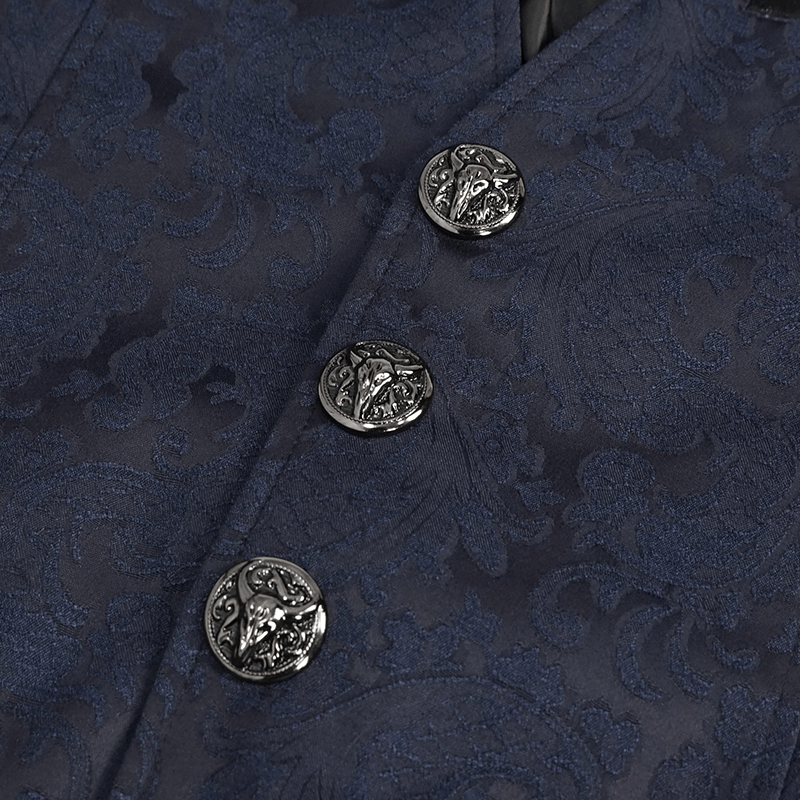 Close-up of navy blue gothic waistcoat with intricate patterns and engraved buttons.