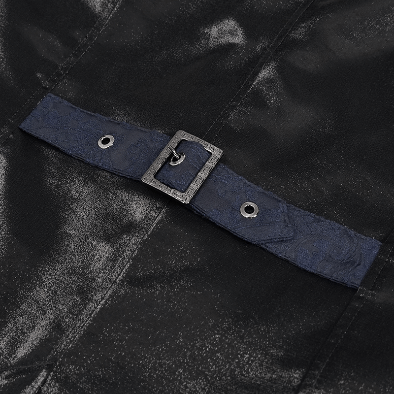 Close-up of the engraved buckle on the back of a men's gothic waistcoat, showcasing elegant design details.
