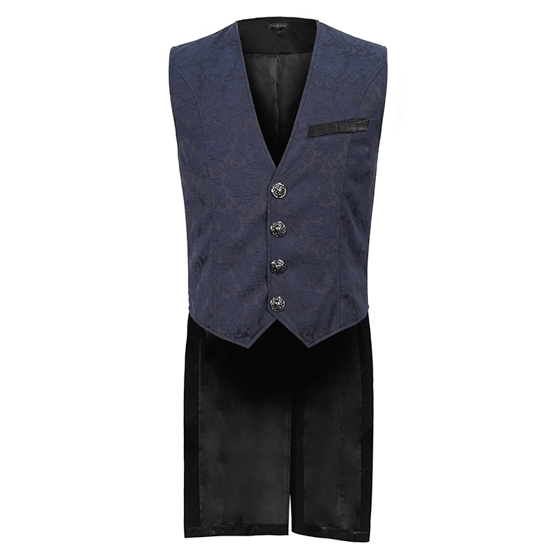 Male Blue and Black Gothic Tailed Waistcoat / Elegant Men's Waistcoats with Engraved Buckle on Back