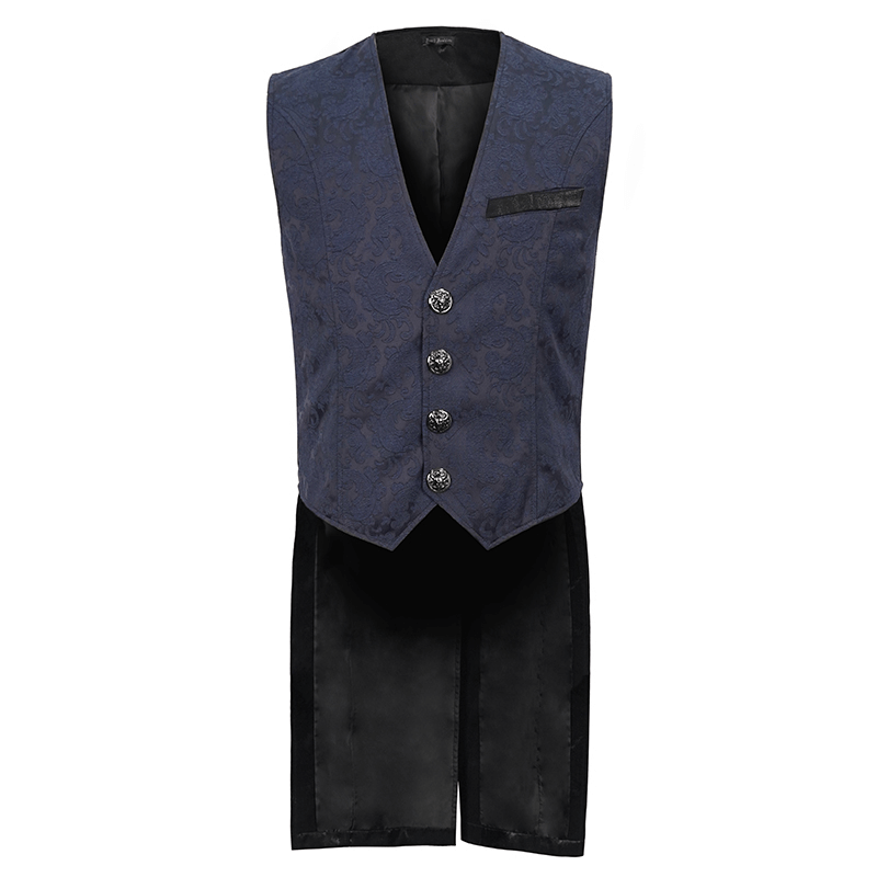 Elegant blue gothic tailed waistcoat with engraved buckle, perfect for formal and gothic styles.
