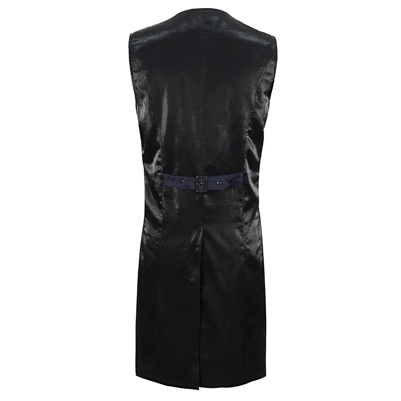 Back view of a men's blue and black gothic tailed waistcoat with an engraved buckle detail.