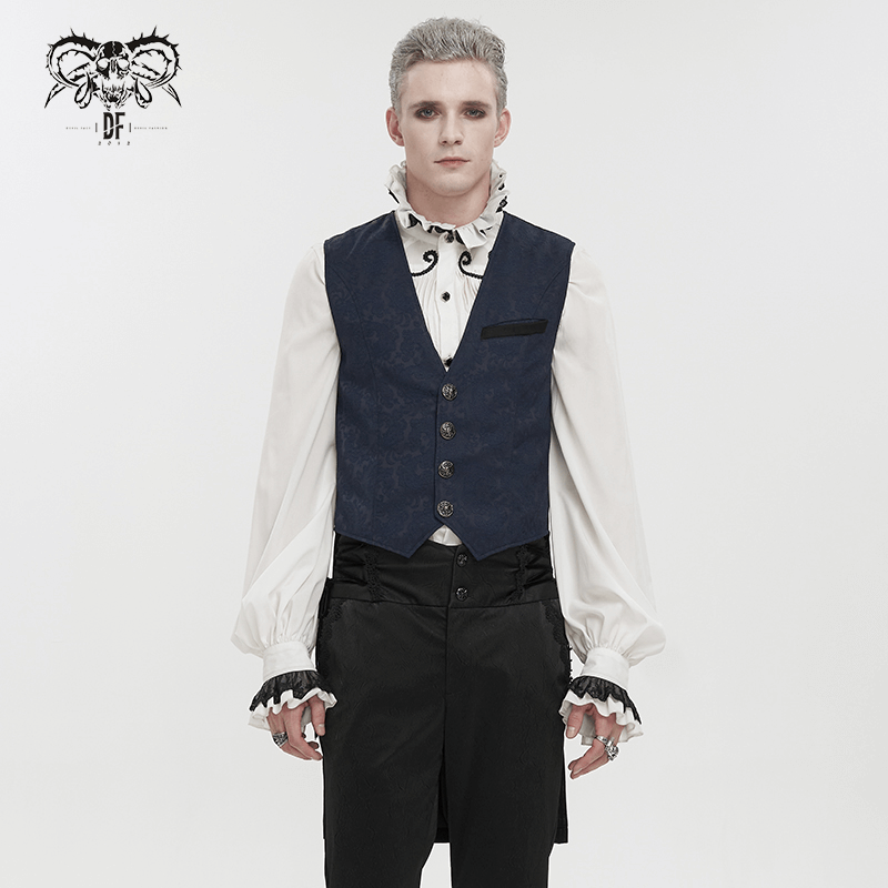 Male Blue and Black Gothic Tailed Waistcoat / Elegant Men's Waistcoats with Engraved Buckle on Back