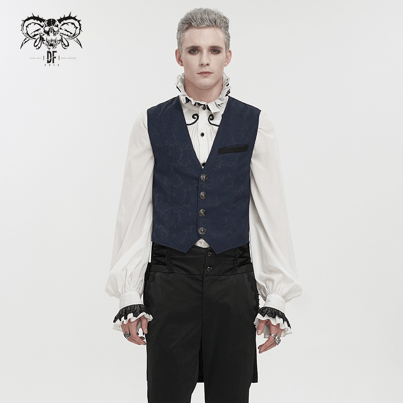 Elegant male in blue and black gothic tailed waistcoat with engraved buckle, styled for a gothic look.