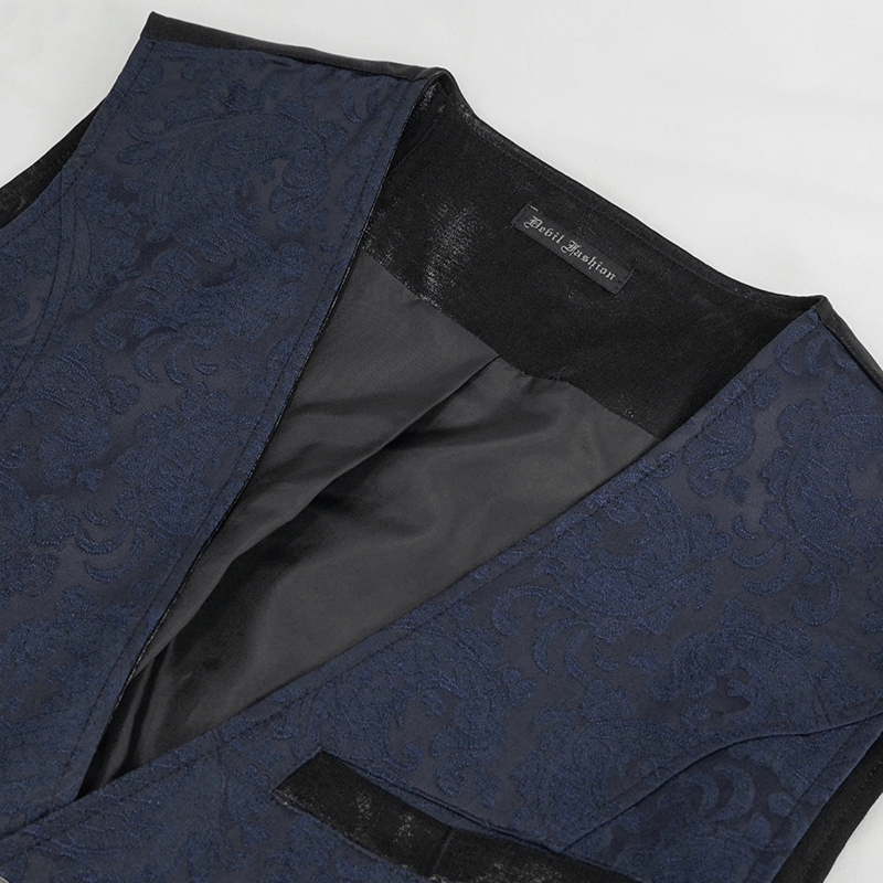 Elegant blue and black gothic tailed waistcoat showcasing intricate fabric and engraved buckle detail.