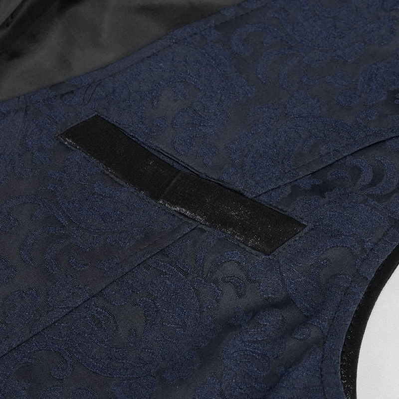 Close-up of blue and black gothic waistcoat showing engraved buckle and elegant fabric texture.