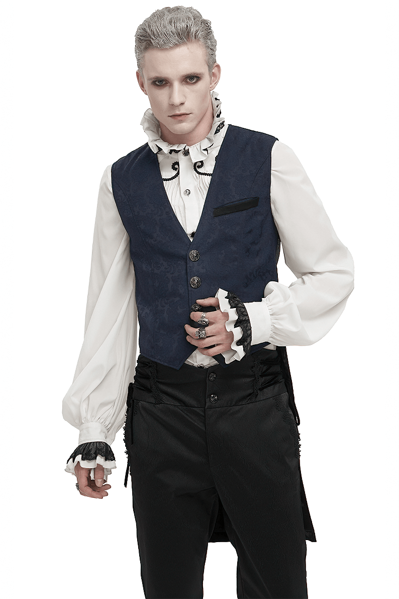Male model in blue gothic waistcoat with engraved buckle, showcasing elegant style for unique outfit combinations.