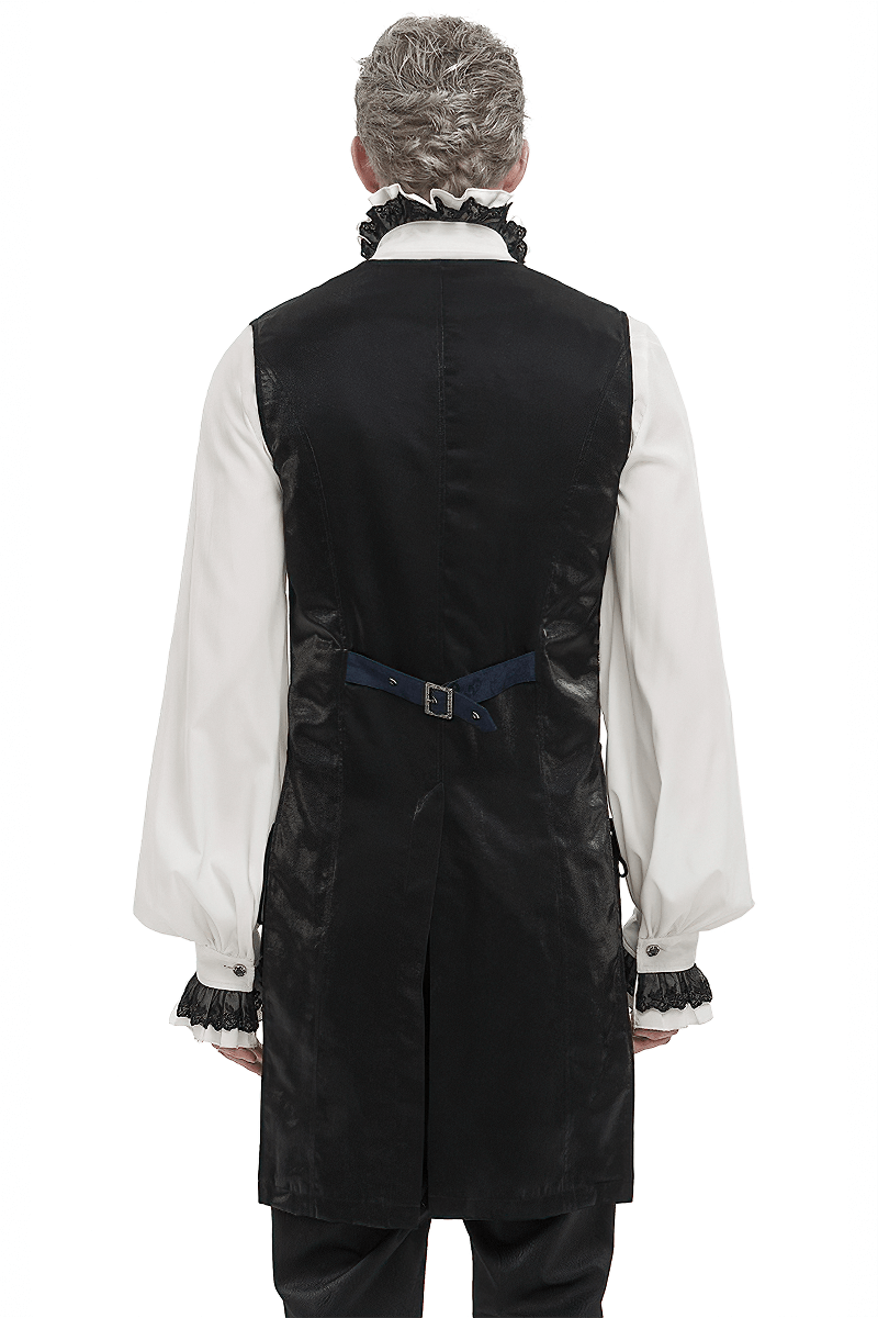 Back view of a male model wearing a blue and black gothic tailed waistcoat with an engraved buckle.