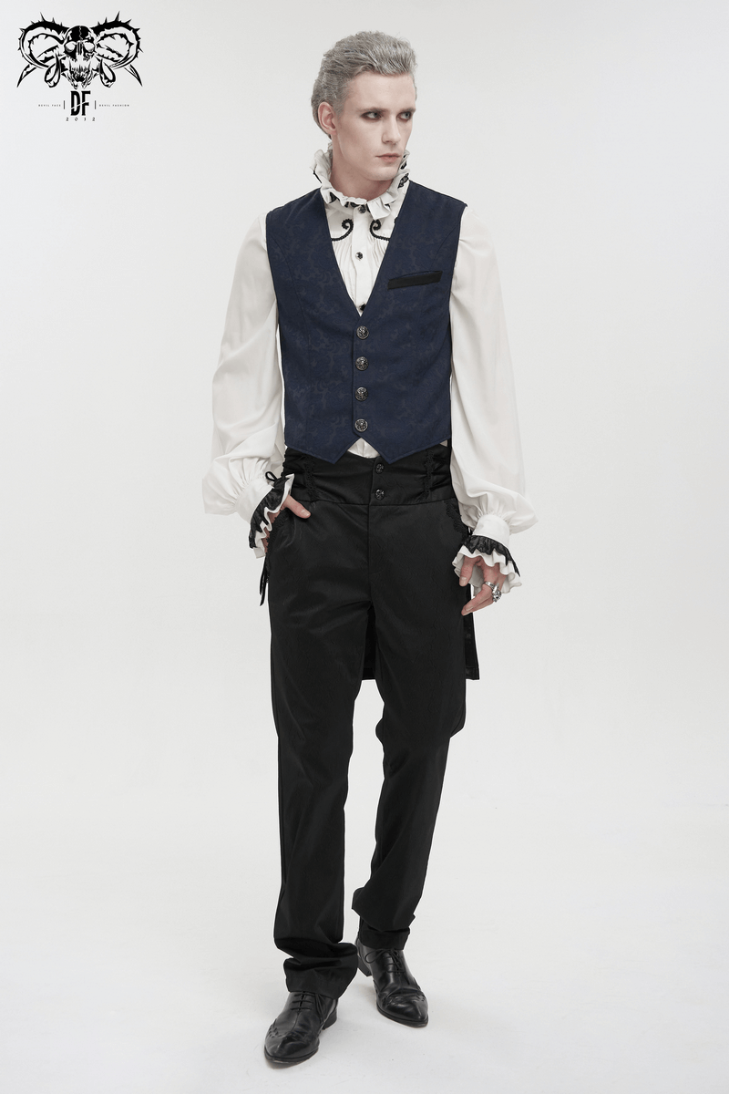 Elegant male model in a blue and black gothic tailed waistcoat with engraved buckle, showcasing a gothic style.