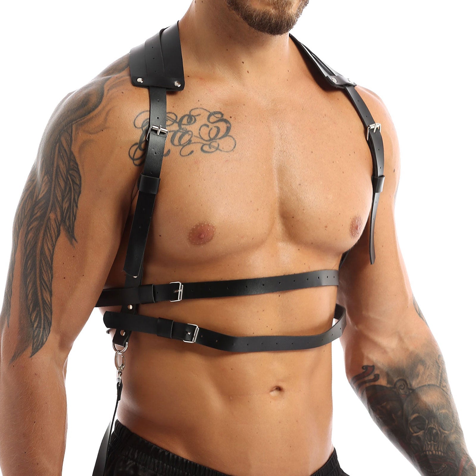 Gothic faux leather body harness for men with O-rings, rivets, and adjustable straps, perfect for bondage looks.