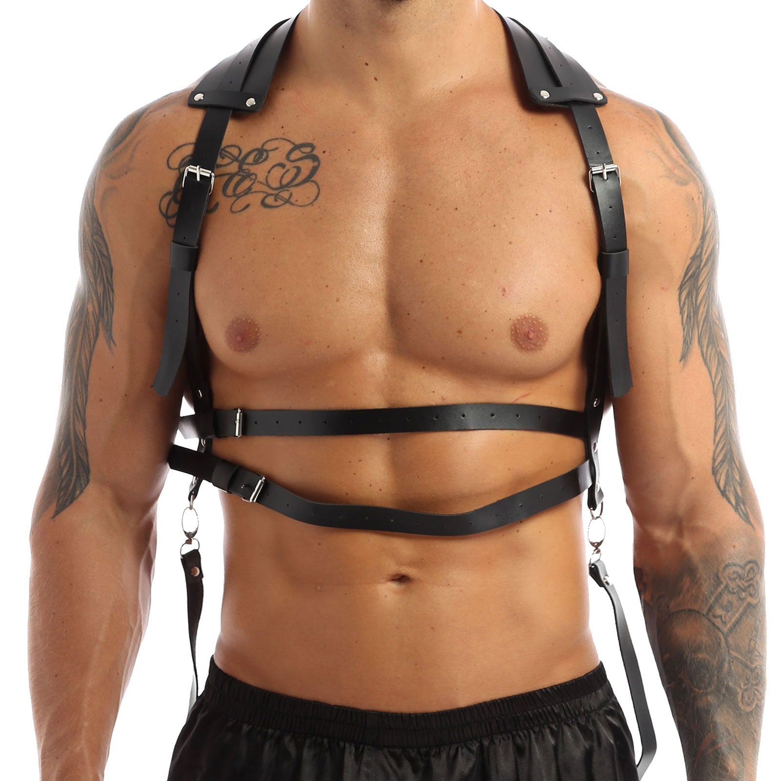 Gothic male body harness featuring faux leather, O-rings, and rivets for a stylish bondage look.
