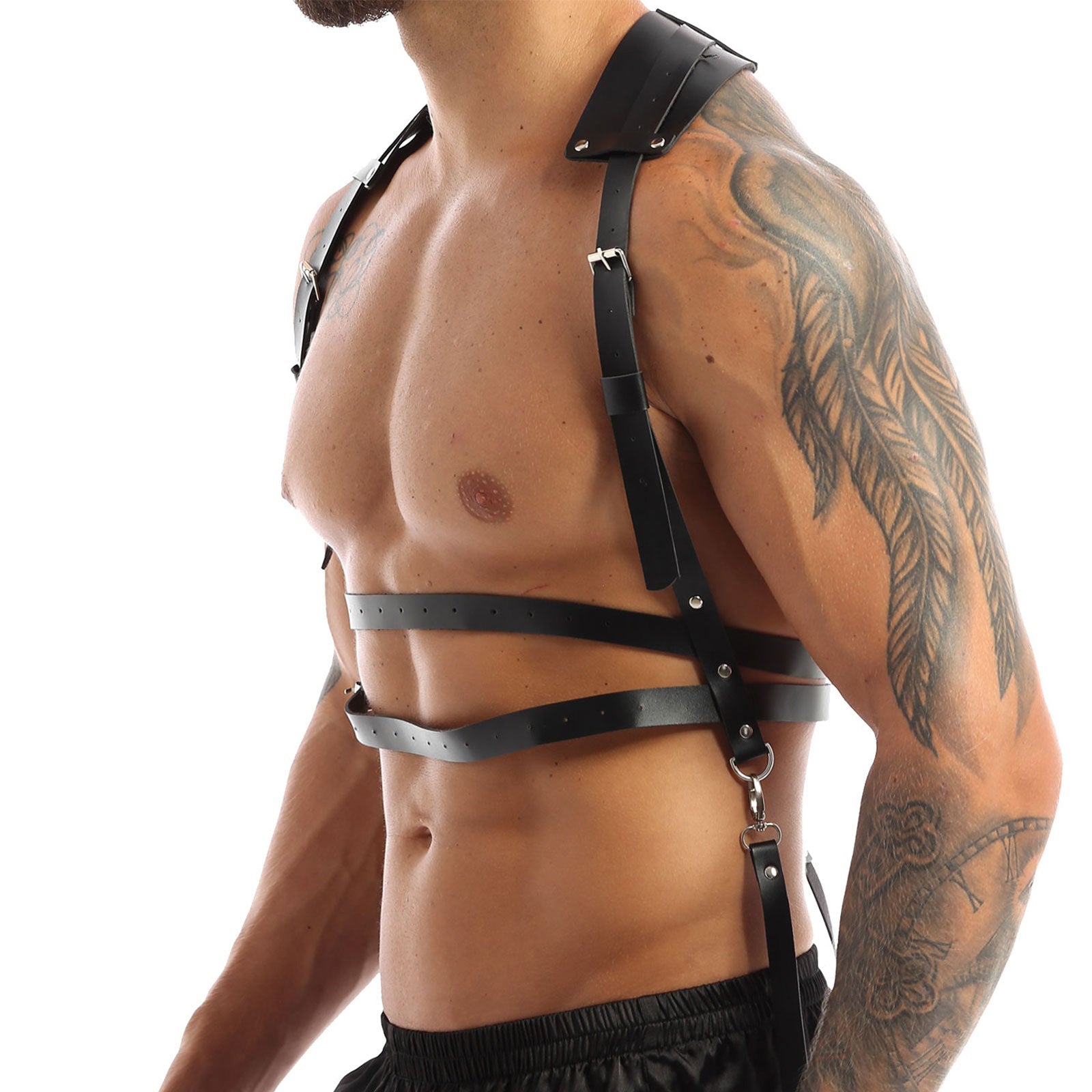 Gothic male body harness in faux leather with o-rings and rivets, perfect for bondage and costume wear.