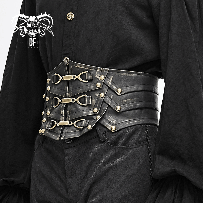 Goth style black PU leather wide belt with metal buckles, perfect for vintage-inspired outfits.