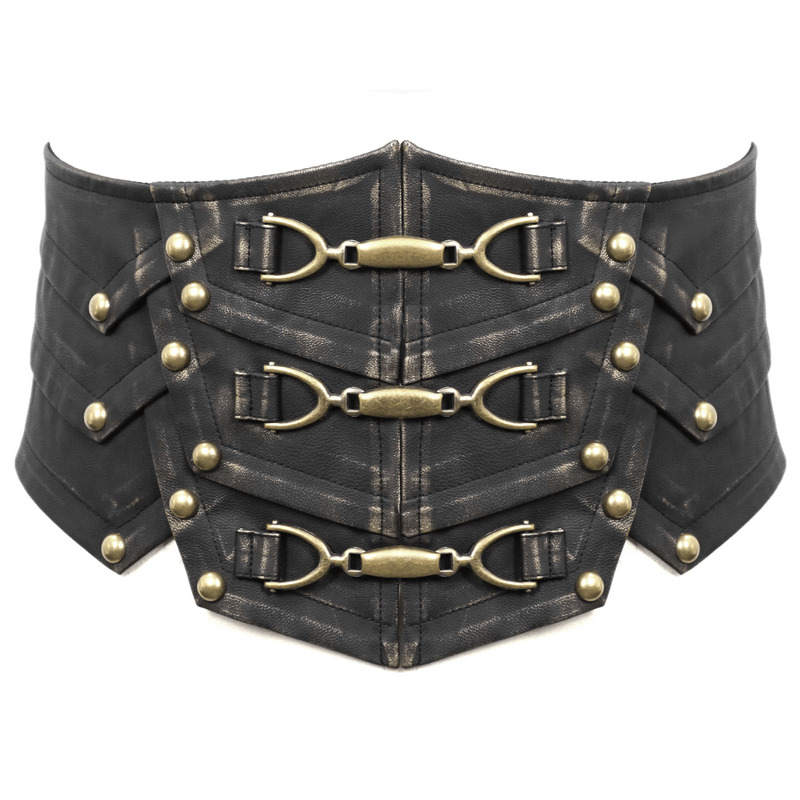 Goth style vintage wide brown PU leather belt with metal buckle for men, featuring stylish details and retro design.
