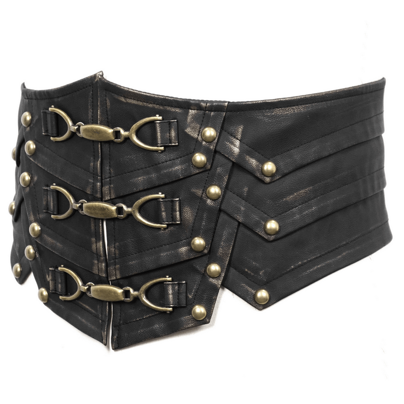Vintage black wide waist belt featuring metal buckles and studs, perfect for gothic style or retro outfits.