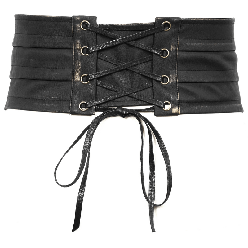 Stylish black corset belt with lace-up design and pleated detailing for a vintage goth look.