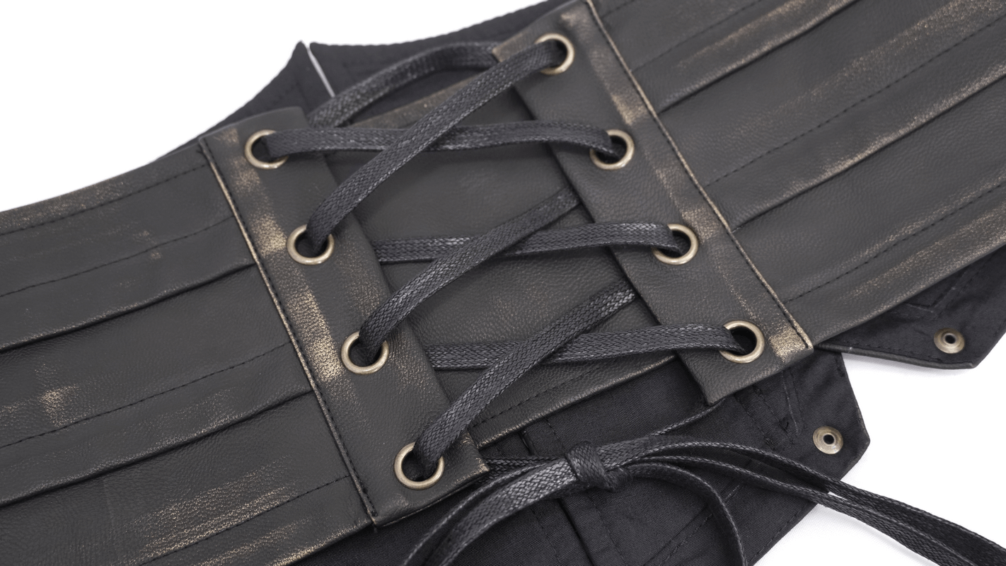 Close-up of a black corset with lacing detail, showcasing a stylish gothic design and vintage aesthetics.