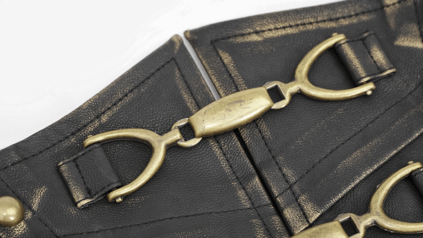 Close-up of vintage-style black belt with gold metal buckle, showcasing unique fastening details.