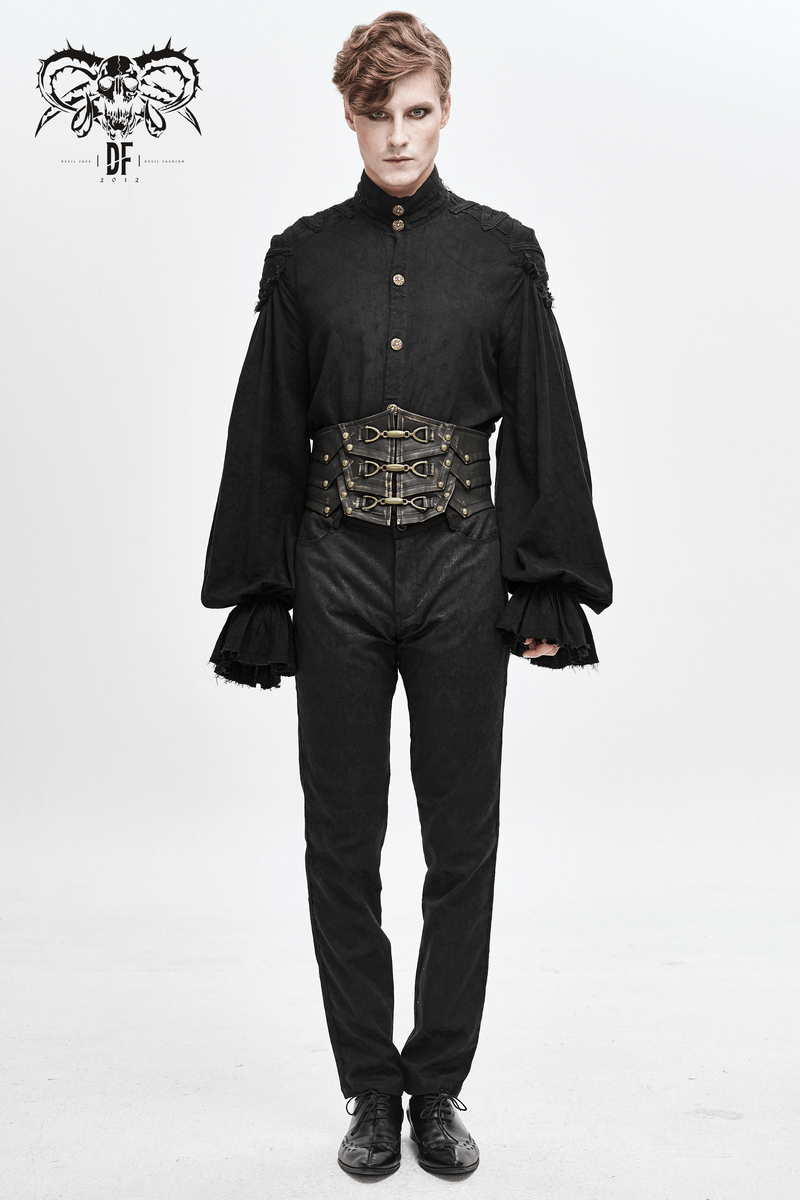 Goth style male model wearing a black shirt and wide vintage waistband belt with metal buckle, showcasing unique fashion.