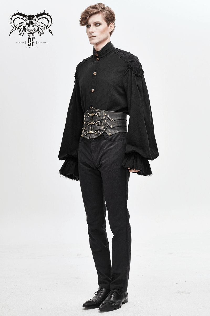 Stylish male in black outfit showcasing a vintage wide PU leather belt with metal buckles for a gothic look.