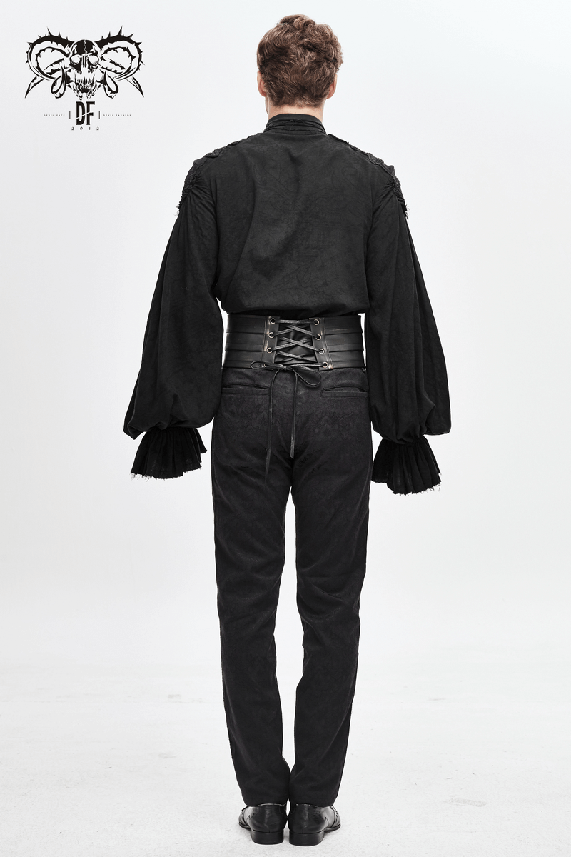 Men's black outfit showcasing a vintage-style wide belt with lace-up detail, perfect for goth fashion enthusiasts.